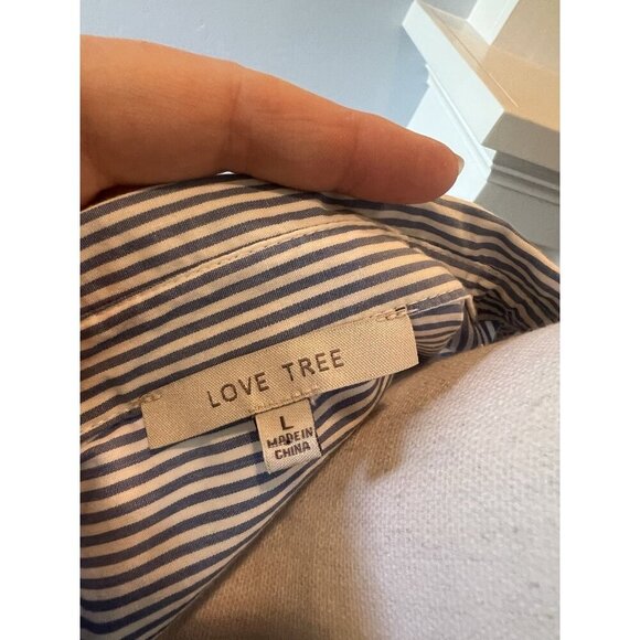 Love Tree 100% Cotton Blue White Striped Top Blouse Elastic Cropped Waist Size L - Picture 9 of 10